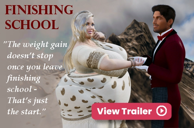 Film poster for the Finishing School weight gain animation, showing feedee Stella and feeder Sahib in the Himalayas.