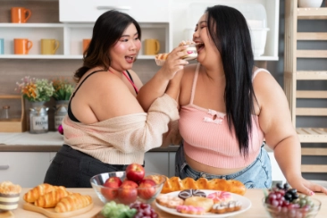 Two plus size bbw female friends socialising and sharing their feedism interests by hand feeding each other fattening food.